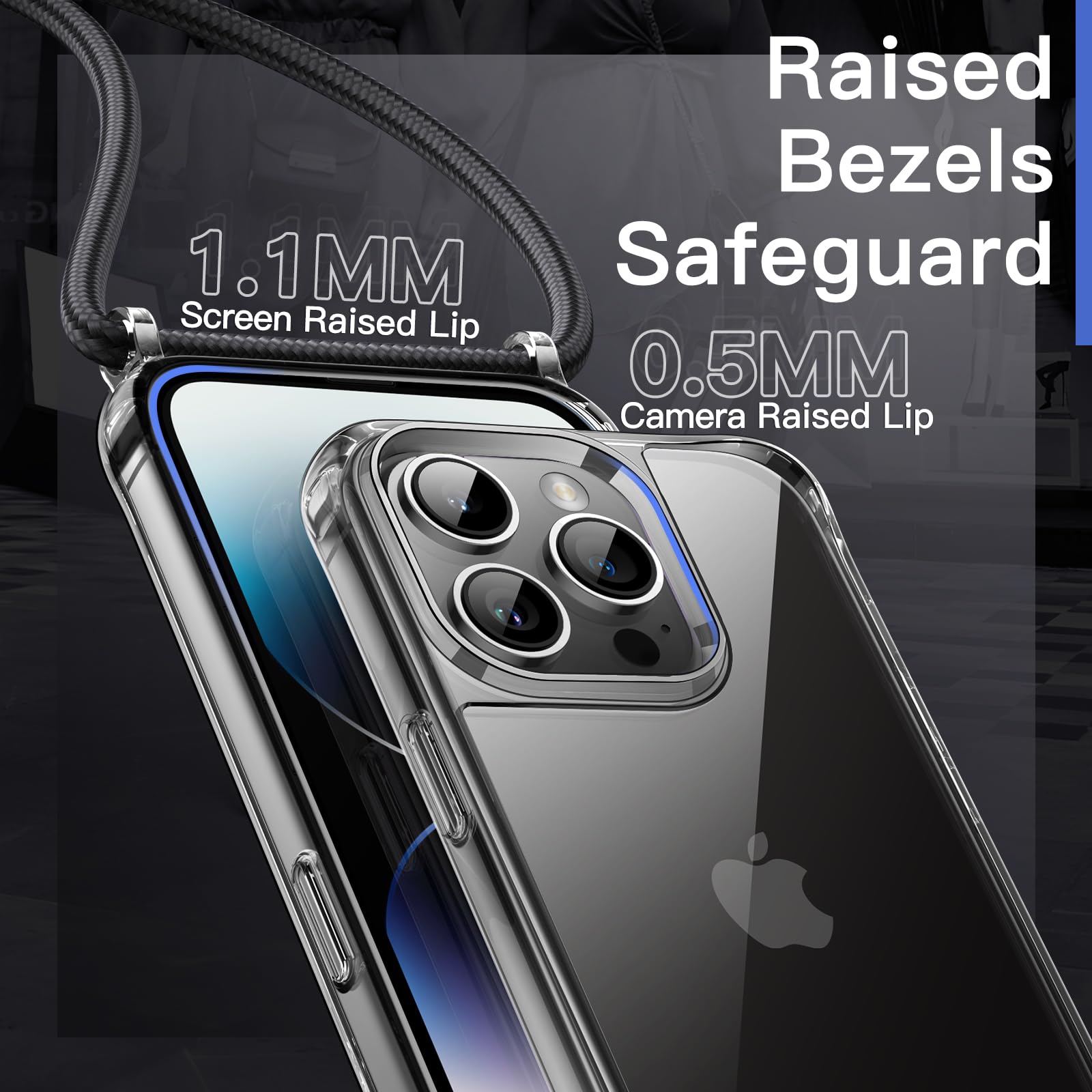 JETech Crossbody Case for iPhone 14 Pro 6.1-Inch with Adjustable Lanyard Strap, Clear Transparent Anti-Yellowing Shockproof Protective Phone Cover with Neck Cord (Space Black) - Image 6