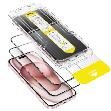 JETech Full Coverage Screen Protector for iPhone 15 6.1-Inch with One-Step Alignment Tray, Bubble-Free Tempered Glass Film, HD Clear, 2-Pack