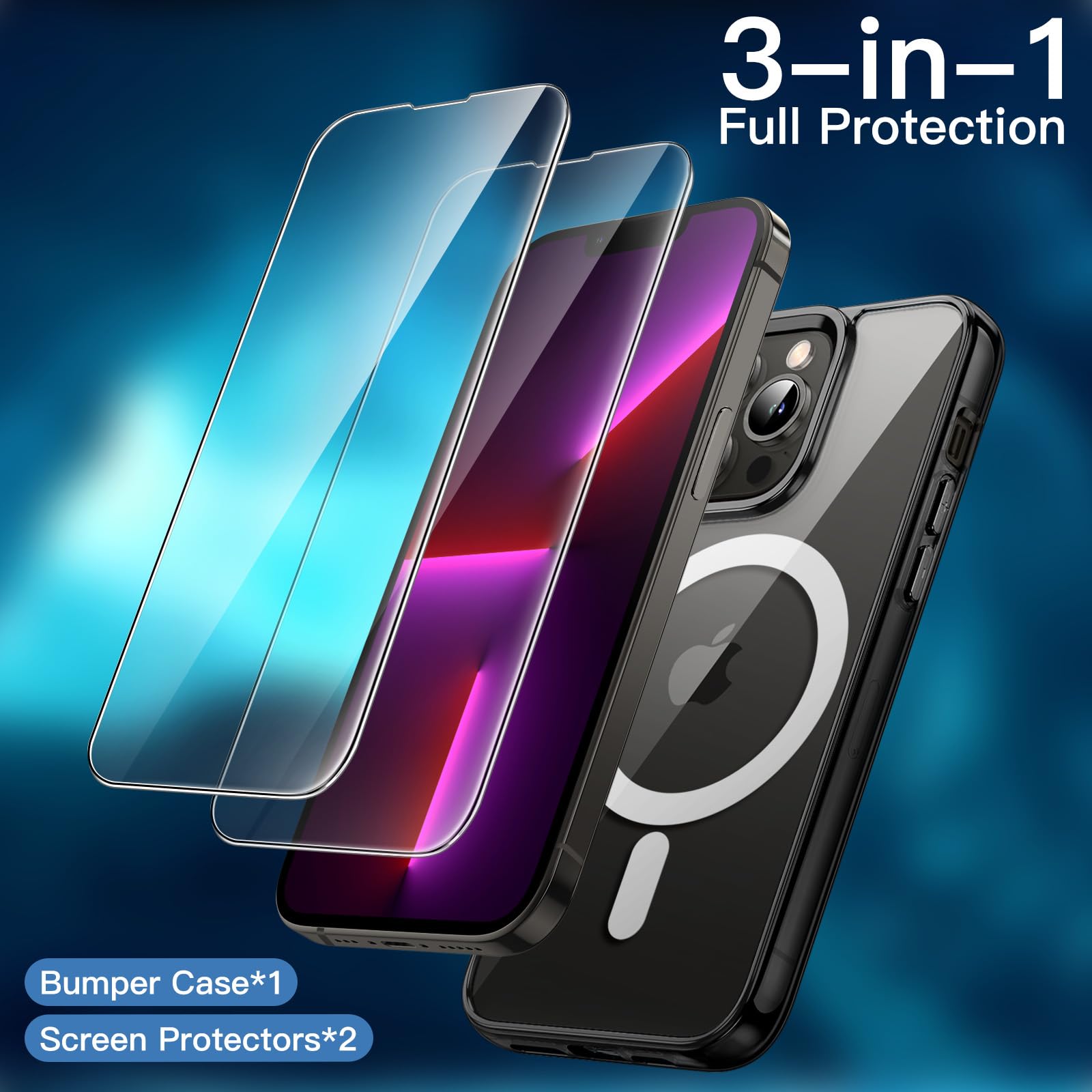 JETech 3 in 1 Magnetic Case for iPhone 13 Pro 6.1-Inch with 2 Pack Tempered Glass Screen Protectors, Compatible with MagSafe, Shockproof Bumper Phone Cover (Black) - Image 3