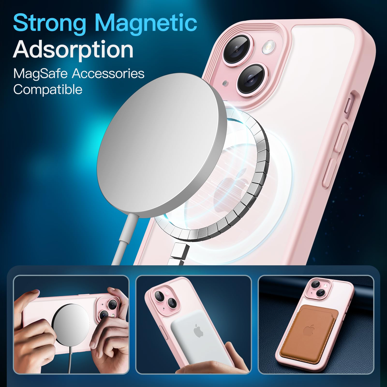 JETech 3 in 1 Magnetic Case for iPhone 15 Plus 6.7-Inch with 2-Pack Tempered Glass Screen Protector, Compatible with MagSafe, Translucent Matte Back Shockproof Phone Cover (Pink) - Image 6