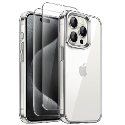 JETech 3 in 1 Case for iPhone 15 Pro 6.1-Inch with 2 Pack Tempered Glass Screen Protectors, Non-Yellowing Shockproof Bumper Phone Cover