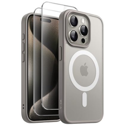 JETech 3 in 1 Magnetic Case for iPhone 15 Pro 6.1-Inch with 2 Pack Tempered Glass Screen Protectors, Compatible with MagSafe, Translucent Matte Back Shockproof Phone Cover (Natural Titanium)
