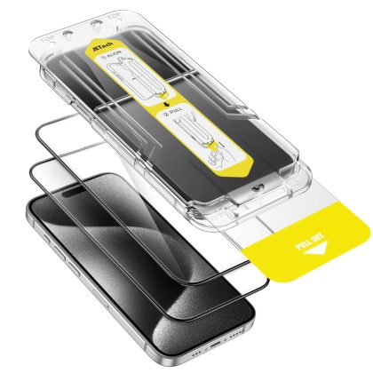 JETech Full Coverage Screen Protector for iPhone 15 Pro 6.1-Inch with One-Step Alignment Tray, Bubble-Free Tempered Glass Film, HD Clear, 2-Pack