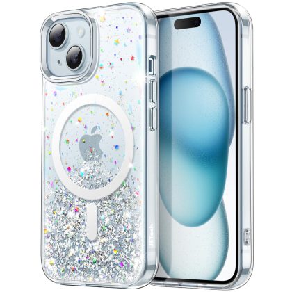 JETech Glitter Case for iPhone 15 Plus 6.7-Inch Compatible with MagSafe, Clear Cute Bling Sparkle for Women and Girls, Shiny Shockproof Magnetic Sparkly Phone Cover