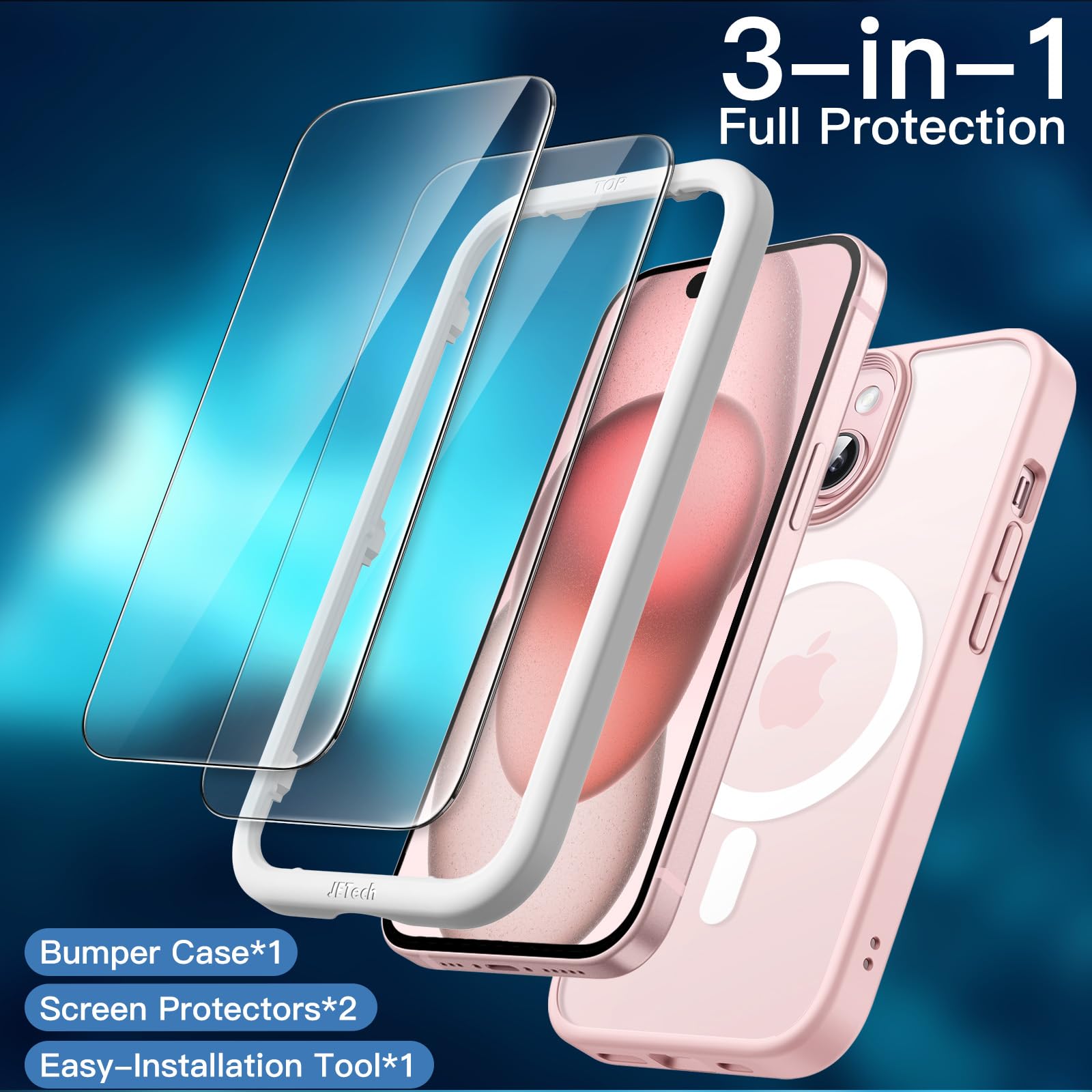 JETech 3 in 1 Magnetic Case for iPhone 15 Plus 6.7-Inch with 2-Pack Tempered Glass Screen Protector, Compatible with MagSafe, Translucent Matte Back Shockproof Phone Cover (Pink) - Image 3
