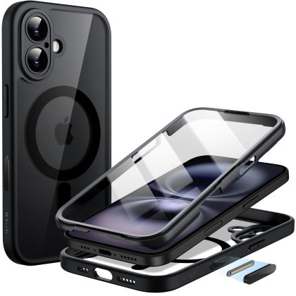 JETech Case for iPhone 16 6.1-Inch with Built-in Tempered Glass Screen Protector, Compatible with MagSafe, 360 Degree Full Body Cover, Heavy Duty Protection Clear Back