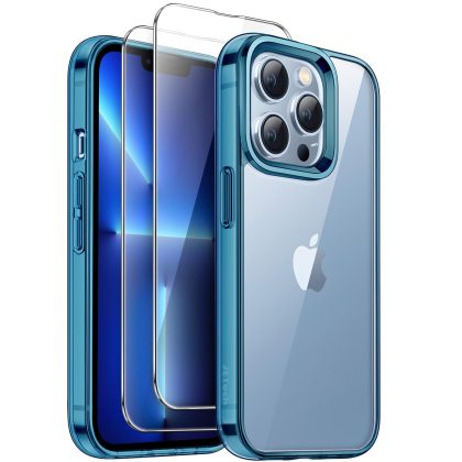 JETech [2 in 1] Case for iPhone 13 Pro Max 6.7-Inch, with 2-Pack Screen Protector, Full Coverage Tempered Glass Film, Shockproof Clear Back Bumper Phone Cover, Anti-Scratch (Navy)