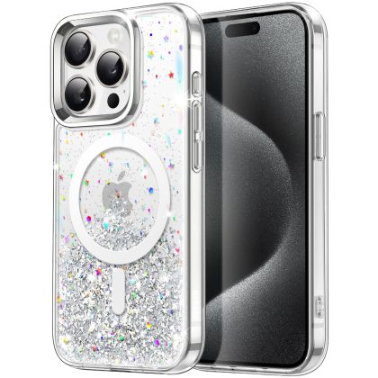 JETech Glitter Case for iPhone 15 Pro Max 6.7-Inch Compatible with MagSafe, Clear Cute Bling Sparkle for Women and Girls, Shiny Shockproof Magnetic Sparkly Phone Cover