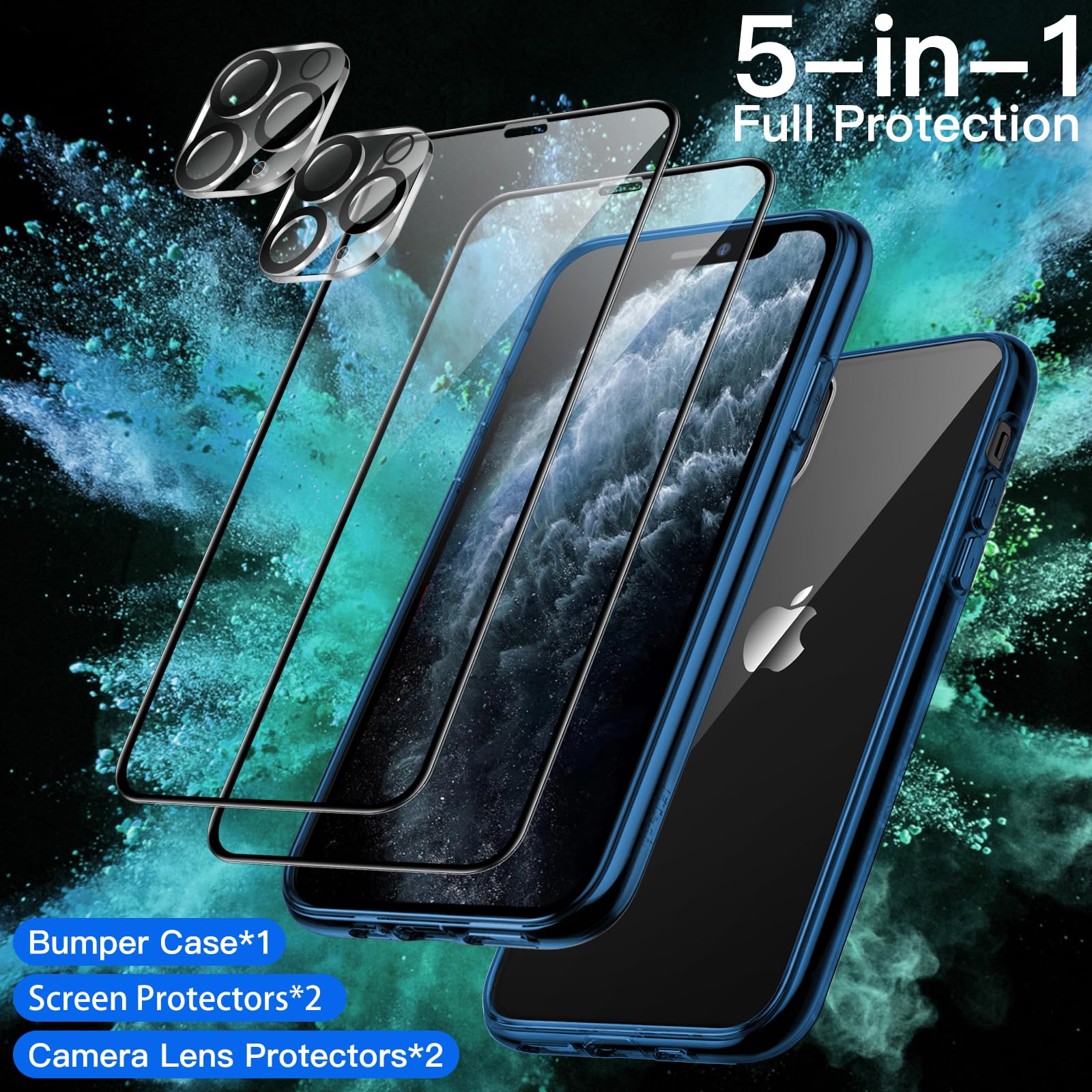 JETech 5 in 1 Case for iPhone 11 Pro Max 6.5-Inch, with 2-Pack Screen Protector Camera Lens Protector, Non-Yellowing Shockproof Bumper Phone Cover, Full Coverage Tempered Glass Film (Navy) - Image 3