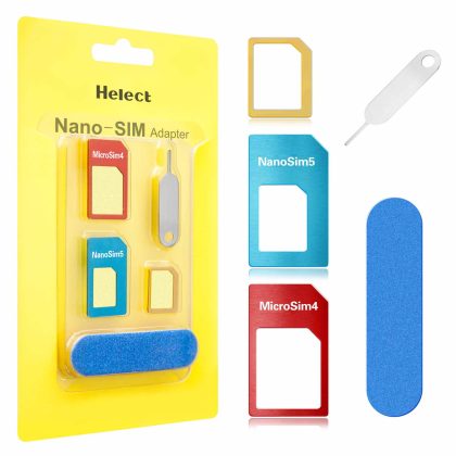 SIM Card Adapter, Helect 5-in-1 Nano & Micro SIM Card Adapter Kit Converter with Polish Chip and Eject Needle